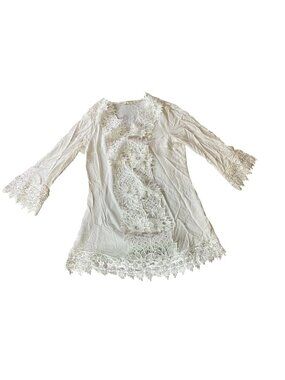 Solitaire White Lace-Trim Swim Cover-Up Tunic Crochet Details 3/4 Sleeve S/M